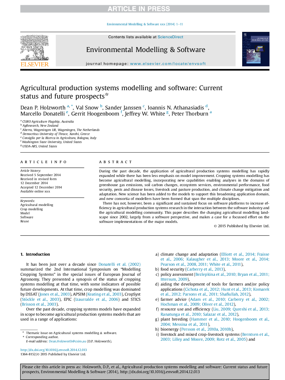 Agricultural production systems modelling and software: Current status and future prospects