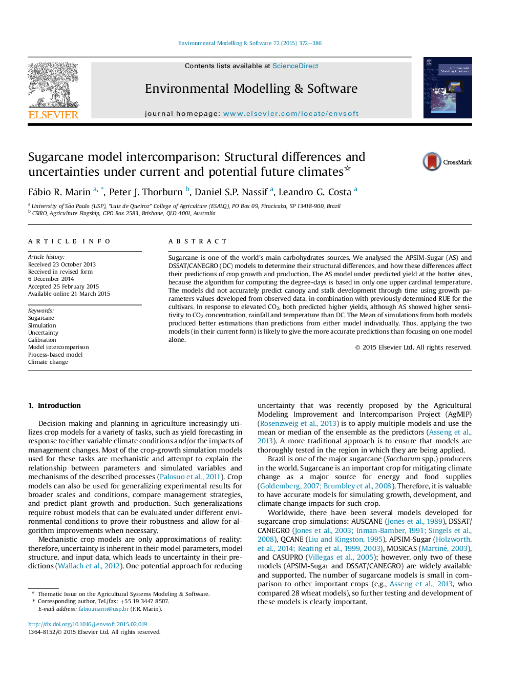 Sugarcane model intercomparison: Structural differences and uncertainties under current and potential future climates