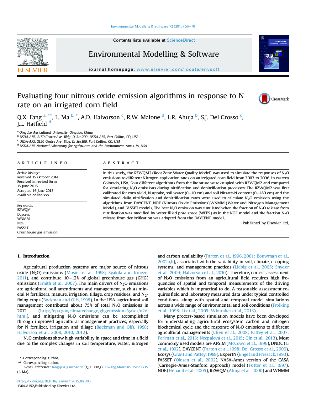 عکس صفحه اول مقاله: Evaluating four nitrous oxide emission algorithms in response to N rate on an irrigated corn field Evaluating four nitrous oxide emission algorithms in response to N rate on an irrigated corn field