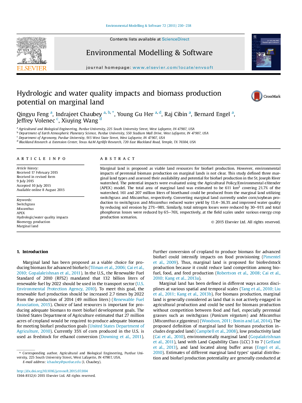 Hydrologic and water quality impacts and biomass production potential on marginal land