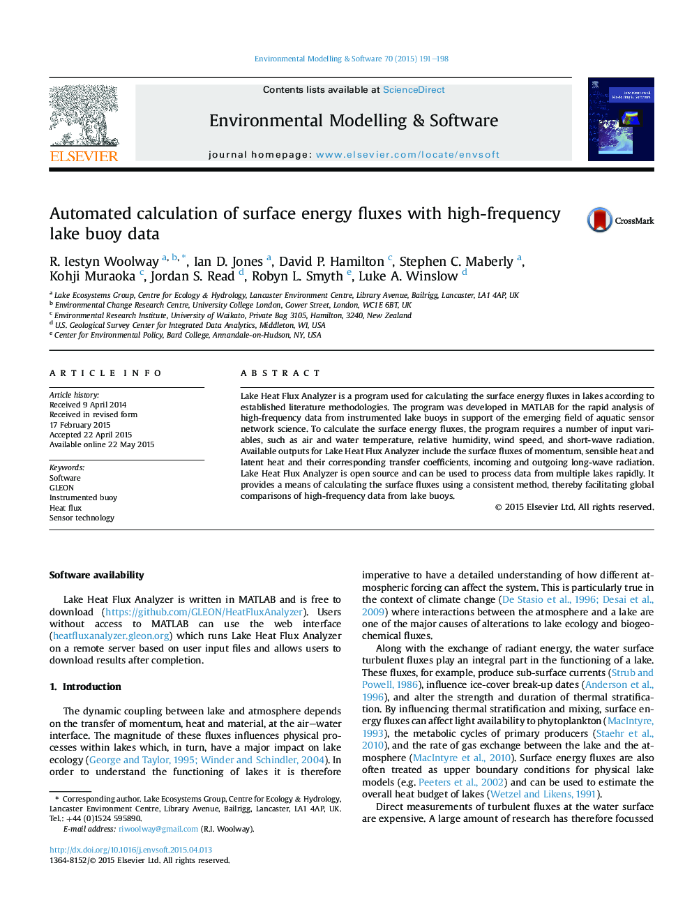 Automated calculation of surface energy fluxes with high-frequency lake buoy data