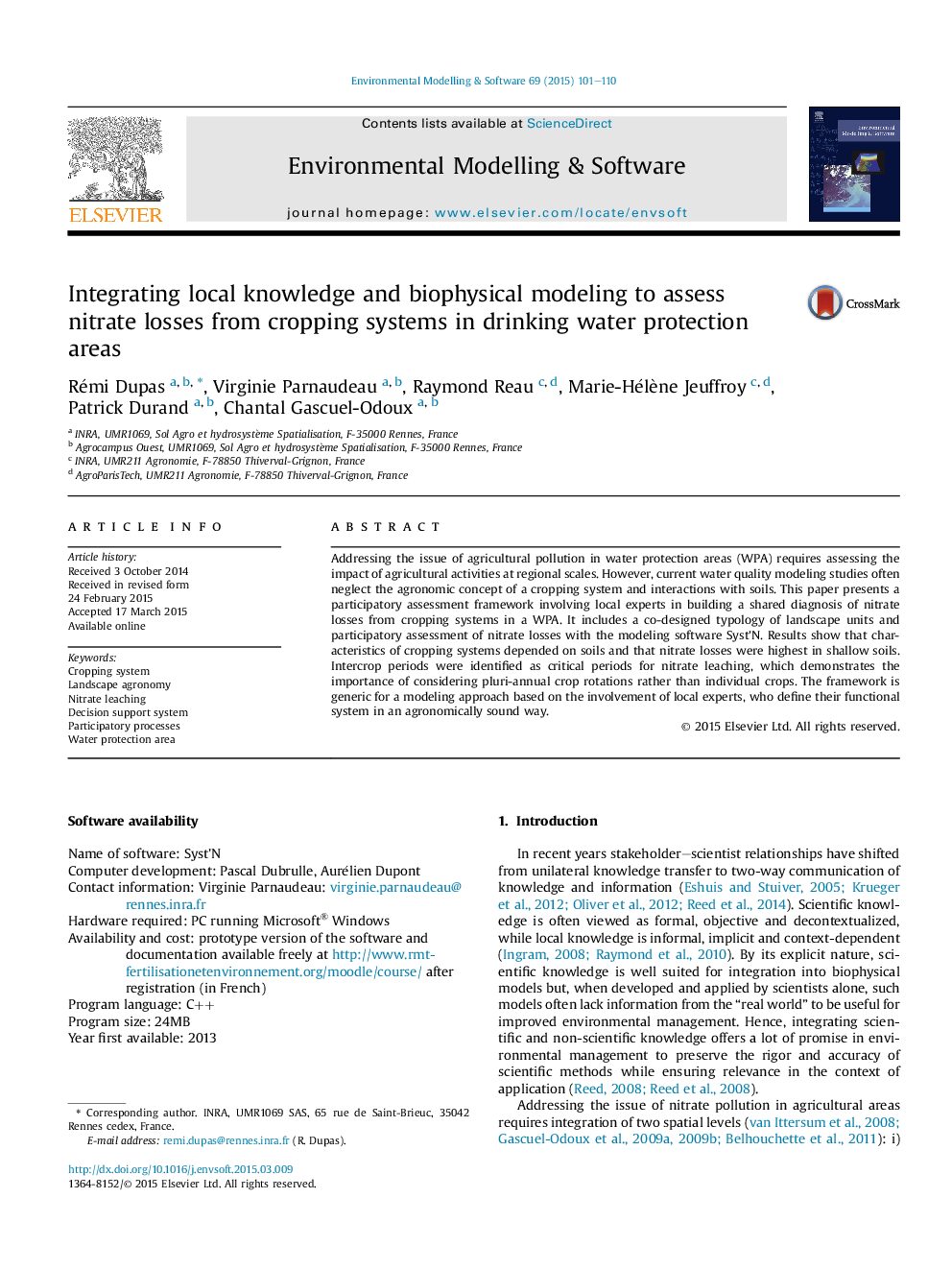 Integrating local knowledge and biophysical modeling to assess nitrate losses from cropping systems in drinking water protection areas