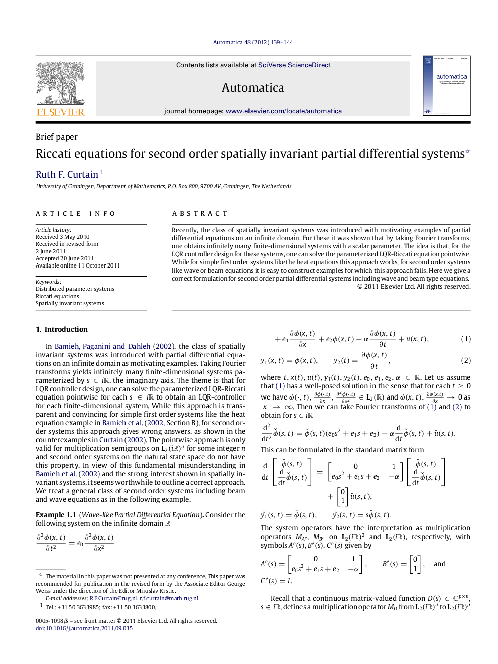 Riccati equations for second order spatially invariant partial differential systems