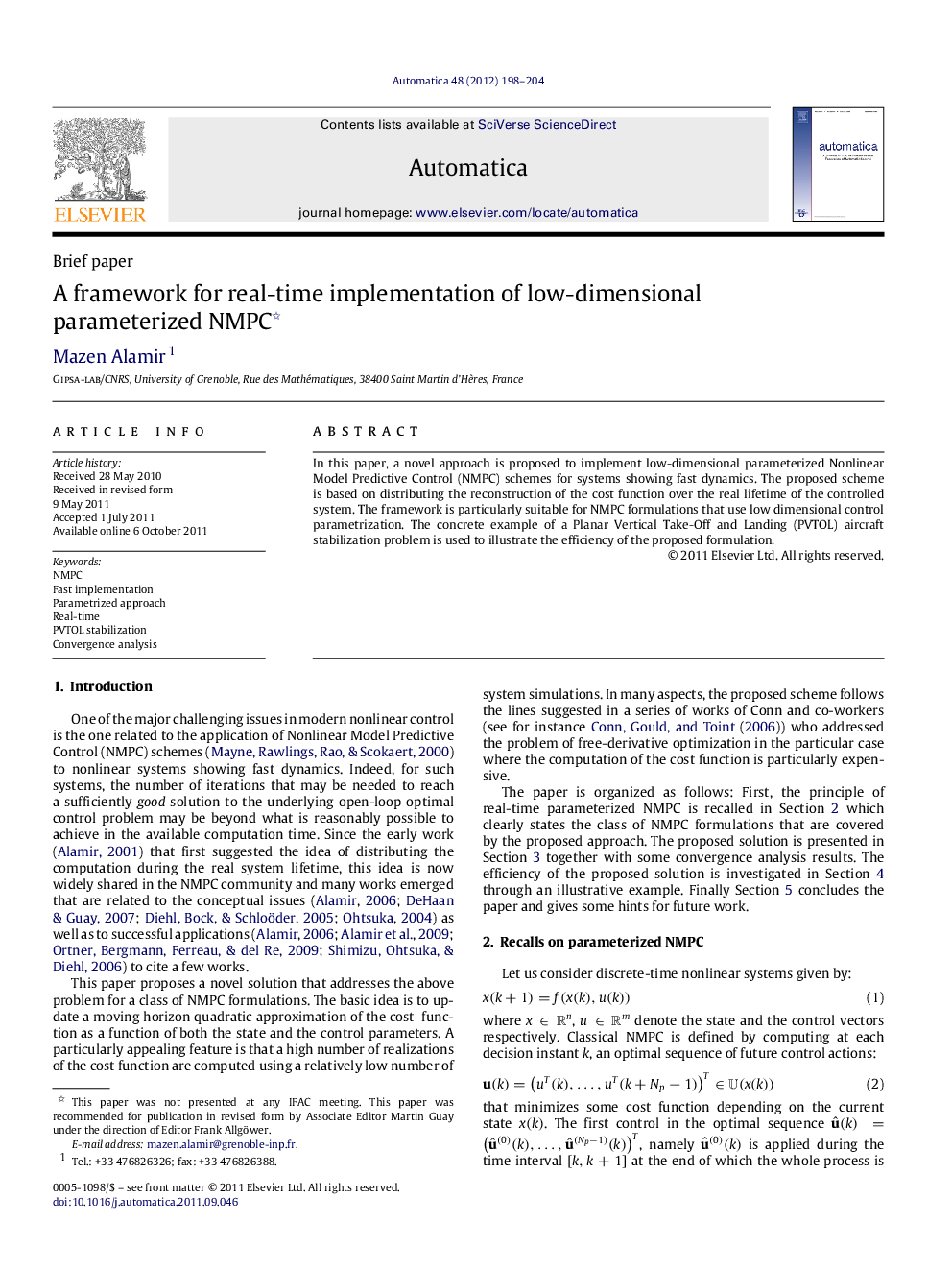 A framework for real-time implementation of low-dimensional parameterized NMPC 