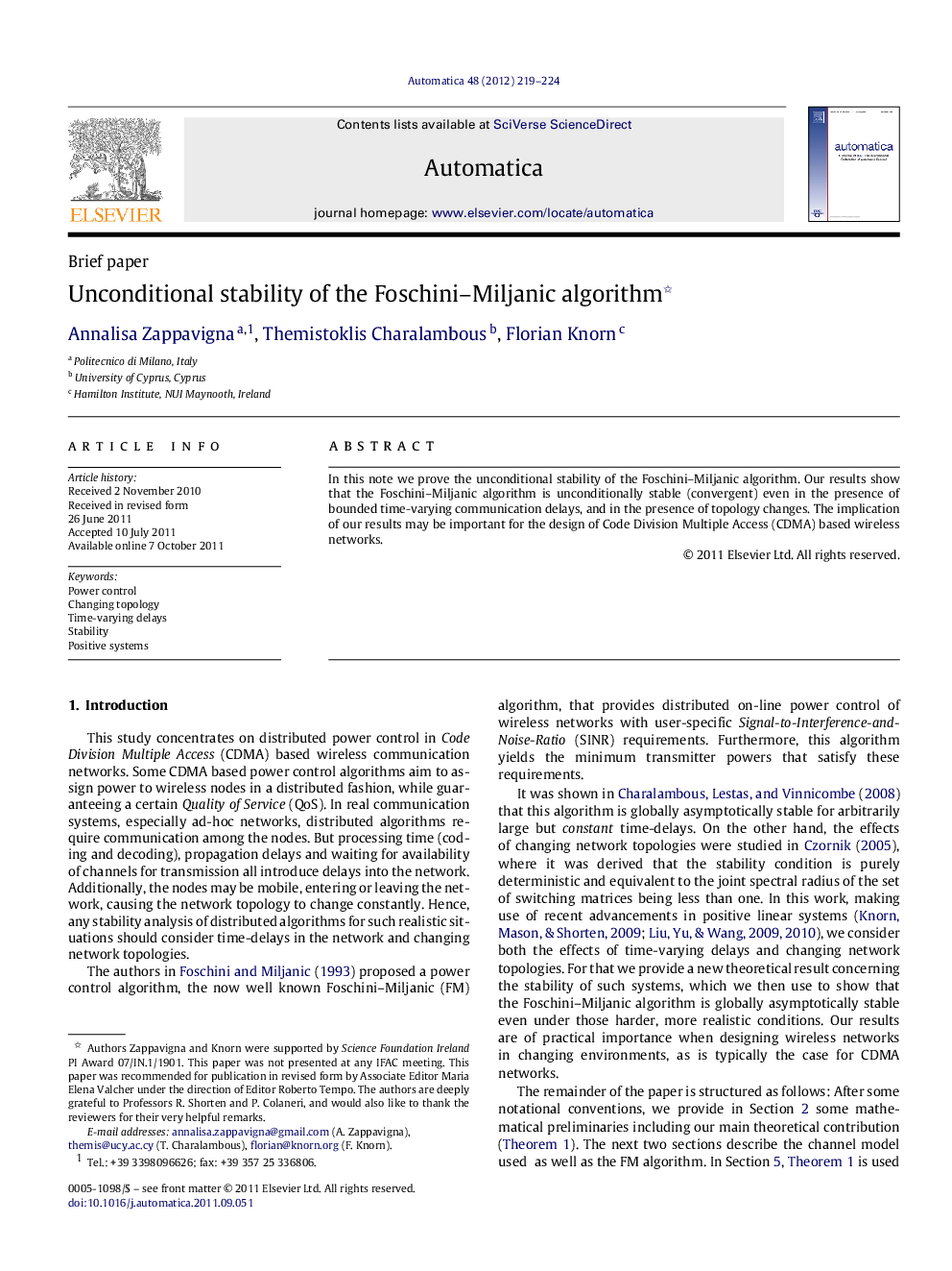 Unconditional stability of the Foschini–Miljanic algorithm 