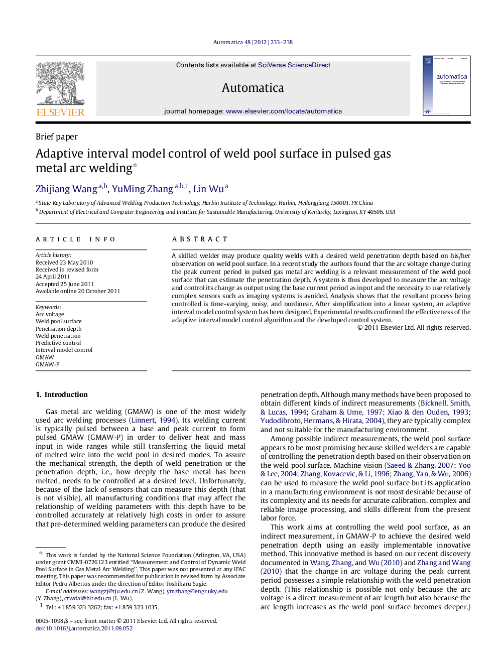 Adaptive interval model control of weld pool surface in pulsed gas metal arc welding 