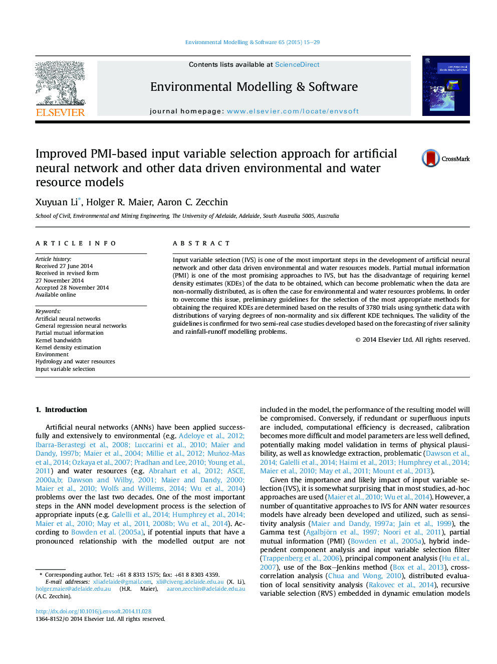 Improved PMI-based input variable selection approach for artificial neural network and other data driven environmental and water resource models