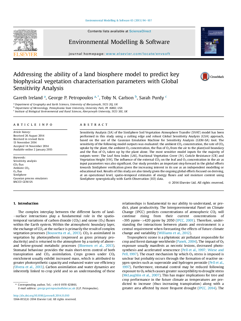 Addressing the ability of a land biosphere model to predict key biophysical vegetation characterisation parameters with Global Sensitivity Analysis