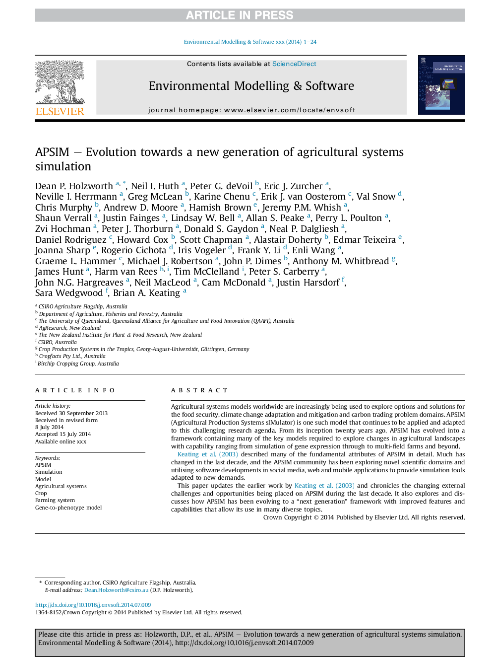 APSIM - Evolution towards a new generation of agricultural systems simulation