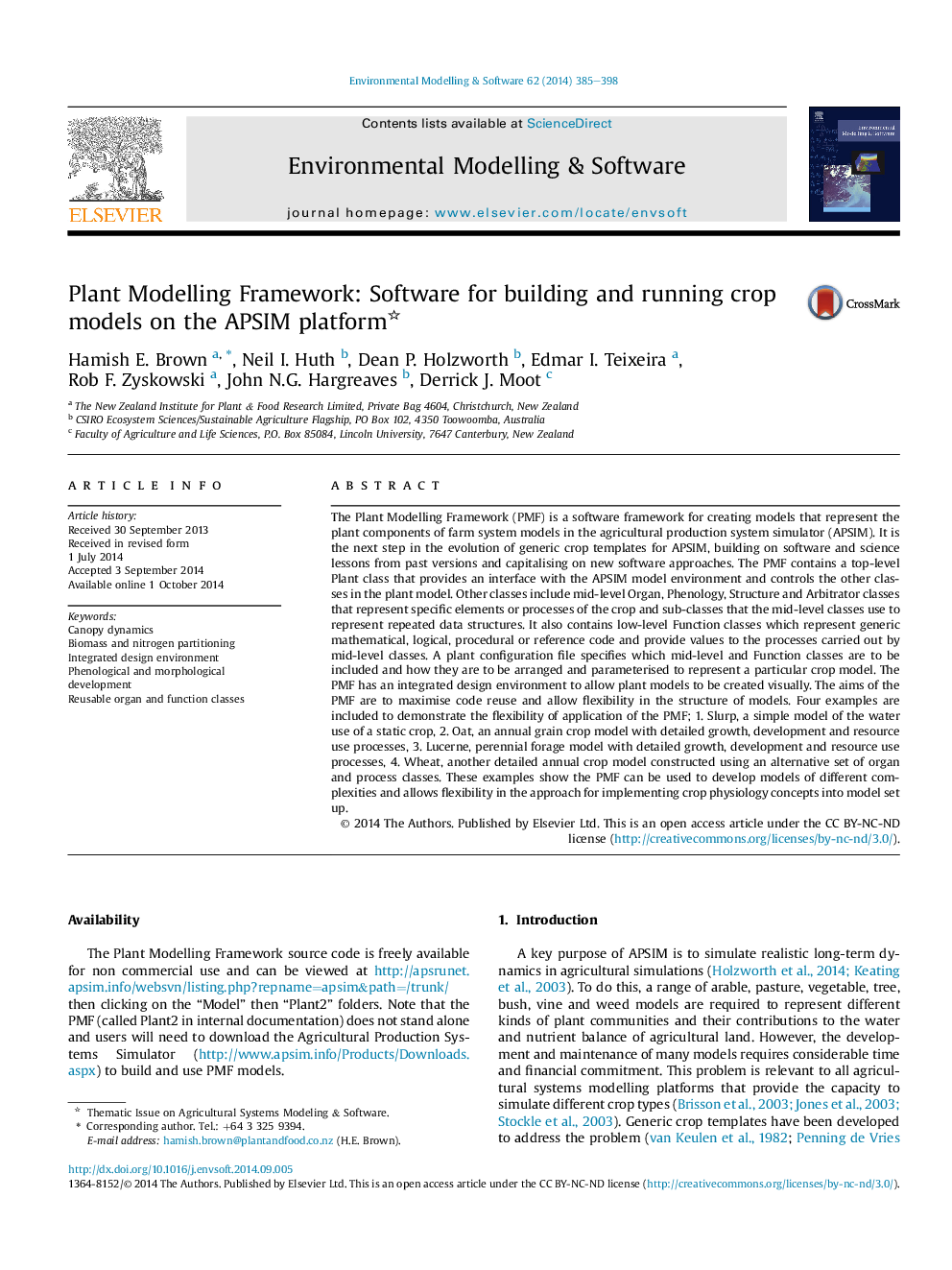 Plant Modelling Framework: Software for building and running crop models on the APSIM platform