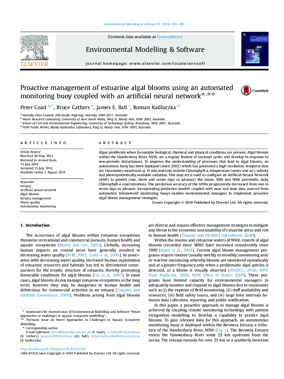 Proactive management of estuarine algal blooms using an automated monitoring buoy coupled with an artificial neural network