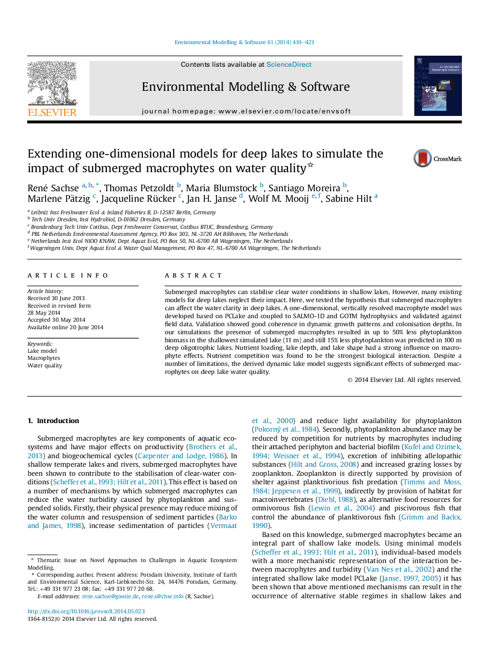 Extending one-dimensional models for deep lakes to simulate the impact of submerged macrophytes on water quality