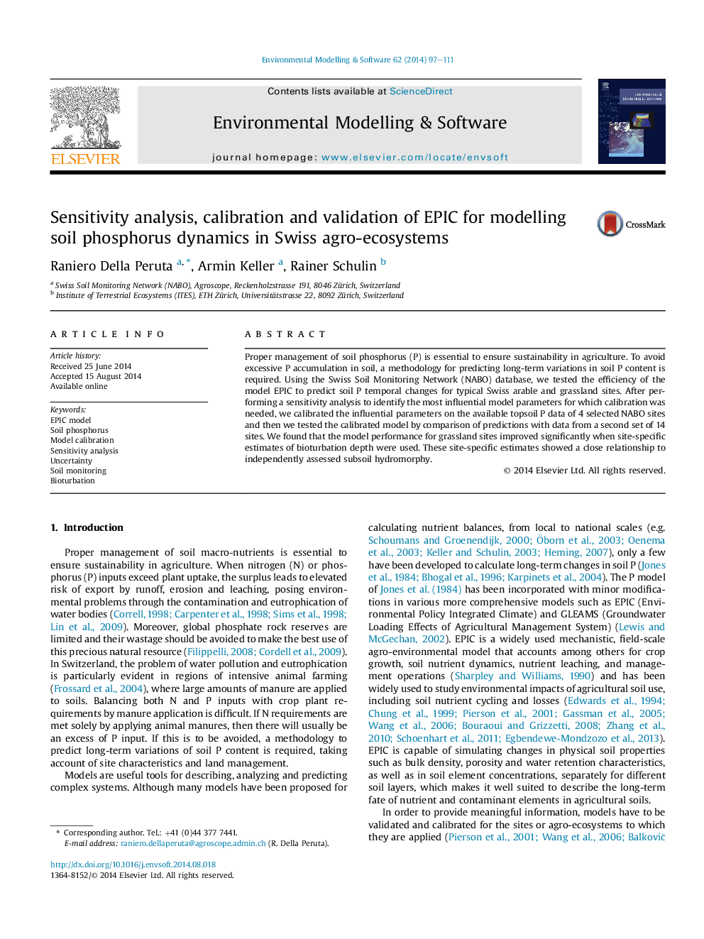 عکس صفحه اول مقاله: Sensitivity analysis, calibration and validation of EPIC for modelling soil phosphorus dynamics in Swiss agro-ecosystems Sensitivity analysis, calibration and validation of EPIC for modelling soil phosphorus dynamics in Swiss agro-ecosystems