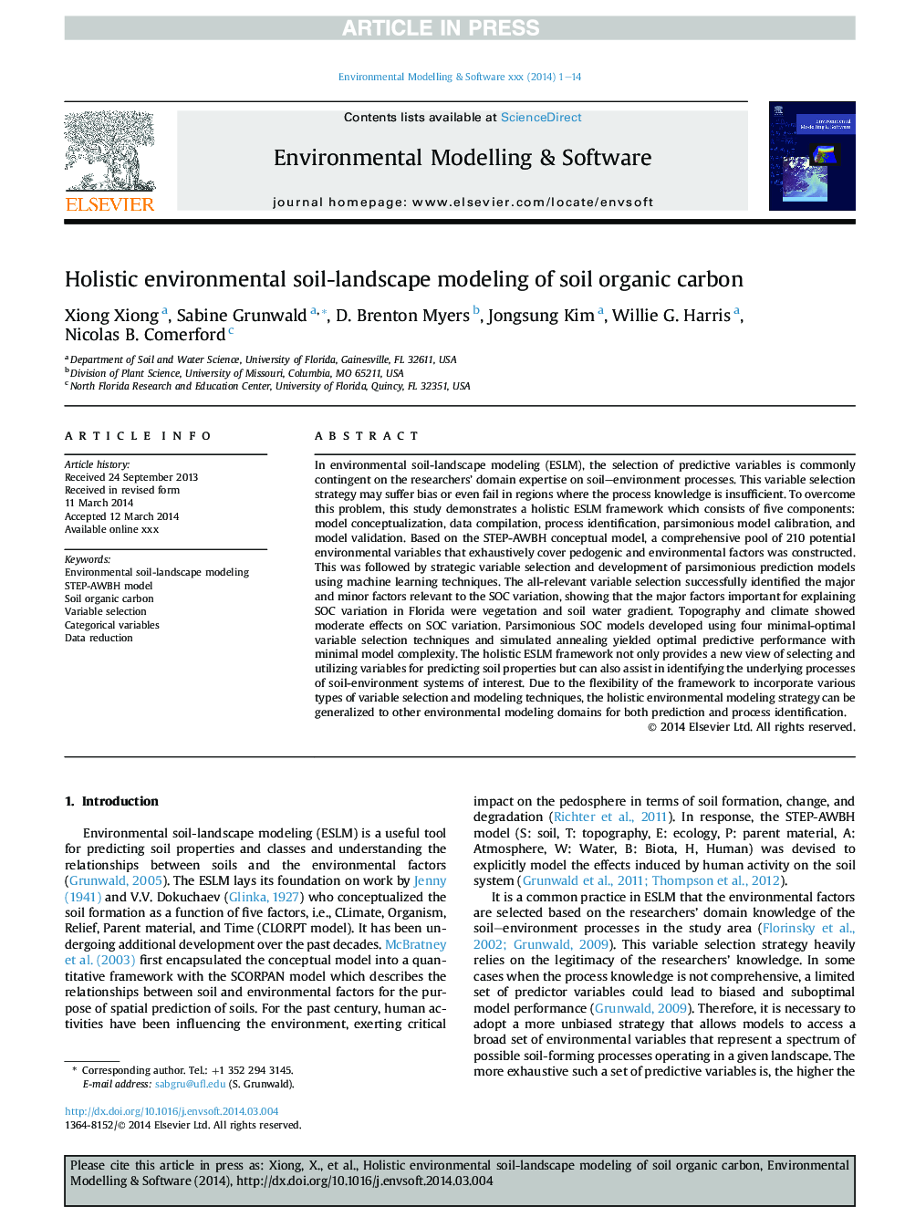 Holistic environmental soil-landscape modeling of soil organic carbon