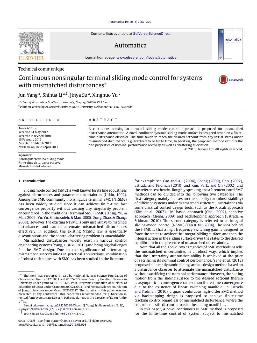 Continuous nonsingular terminal sliding mode control for systems with mismatched disturbances 