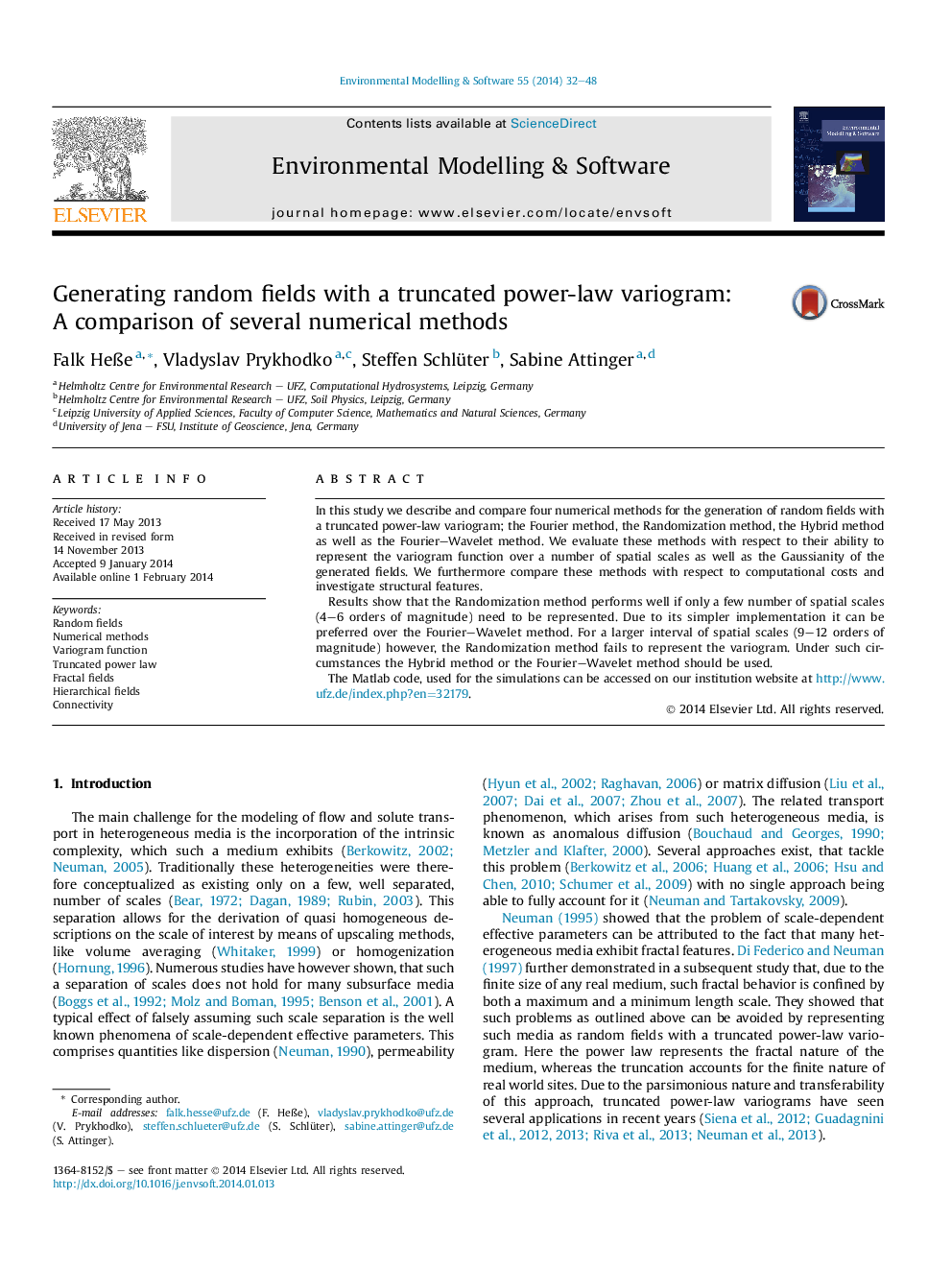 عکس صفحه اول مقاله: Generating random fields with a truncated power-law variogram: AÂ comparison of several numerical methods Generating random fields with a truncated power-law variogram: AÂ comparison of several numerical methods