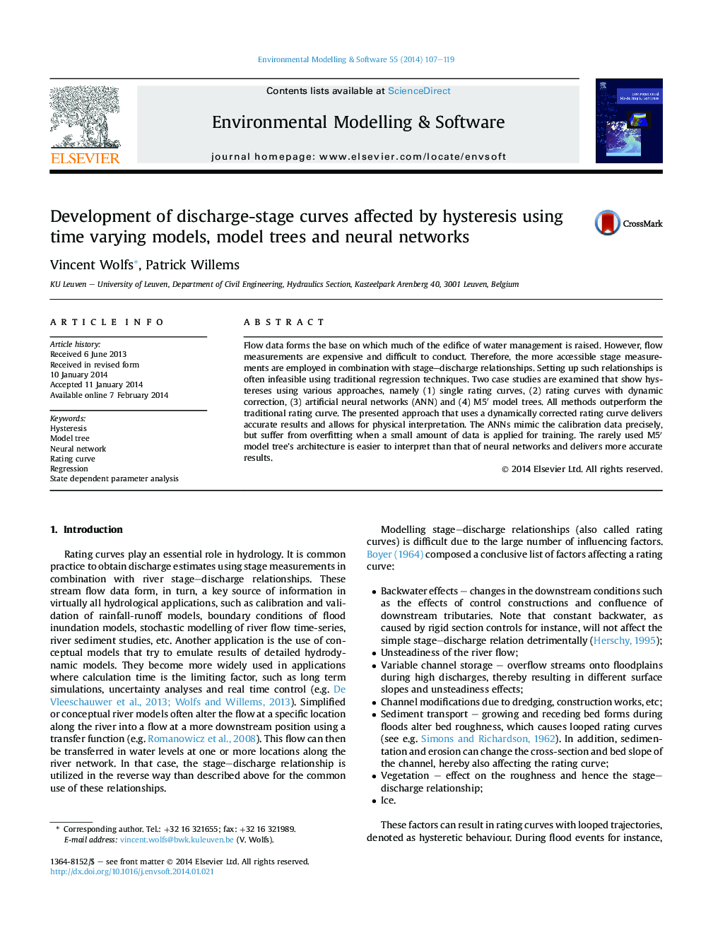 Development of discharge-stage curves affected by hysteresis using time varying models, model trees and neural networks