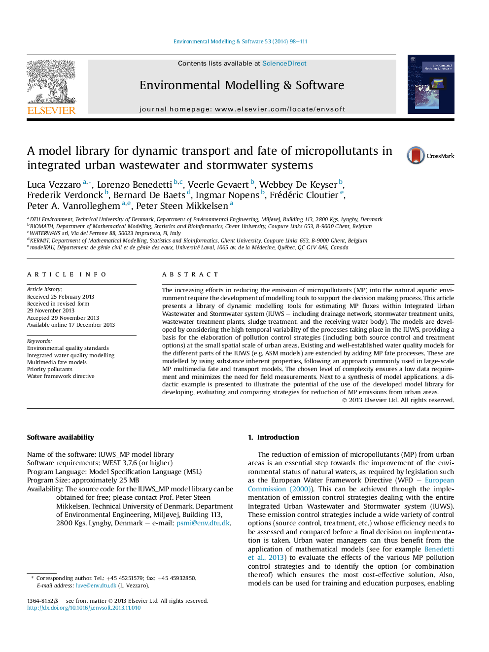 A model library for dynamic transport and fate of micropollutants in integrated urban wastewater and stormwater systems