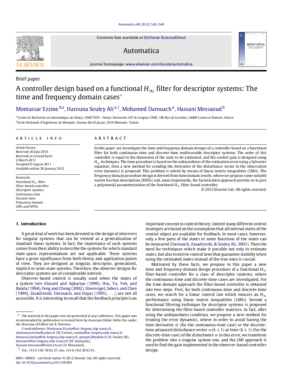 A controller design based on a functional H∞H∞ filter for descriptor systems: The time and frequency domain cases 