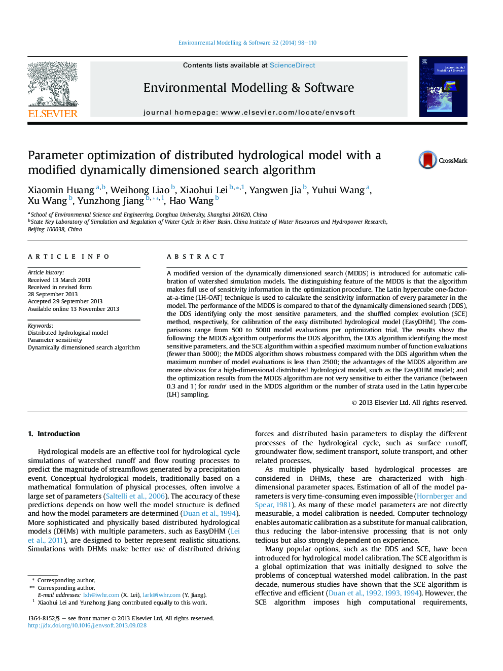 Parameter optimization of distributed hydrological model with a modified dynamically dimensioned search algorithm