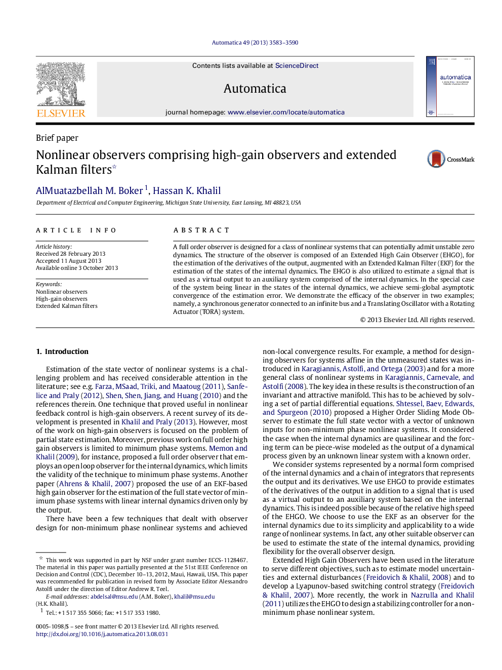 Nonlinear observers comprising high-gain observers and extended Kalman filters 