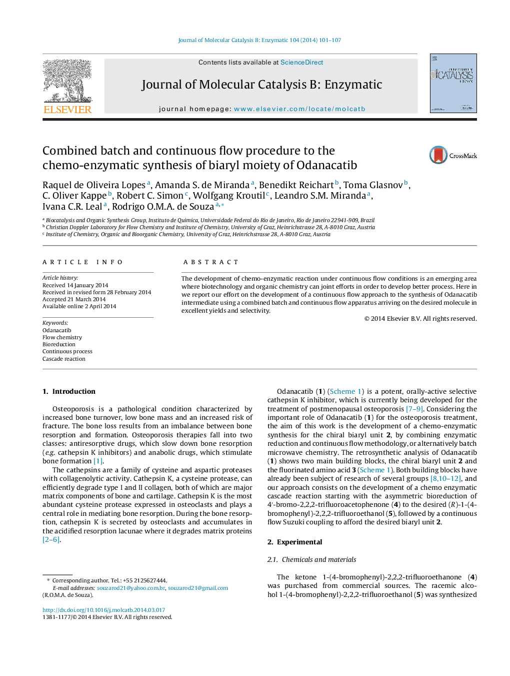 Combined batch and continuous flow procedure to the chemo-enzymatic synthesis of biaryl moiety of Odanacatib