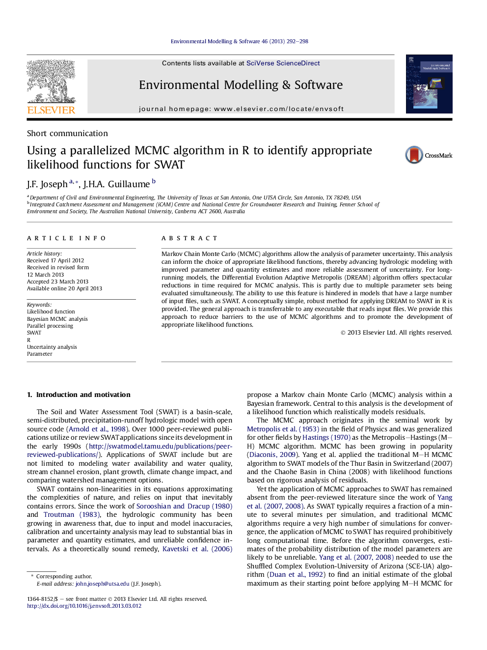 Using a parallelized MCMC algorithm in R to identify appropriate likelihood functions for SWAT