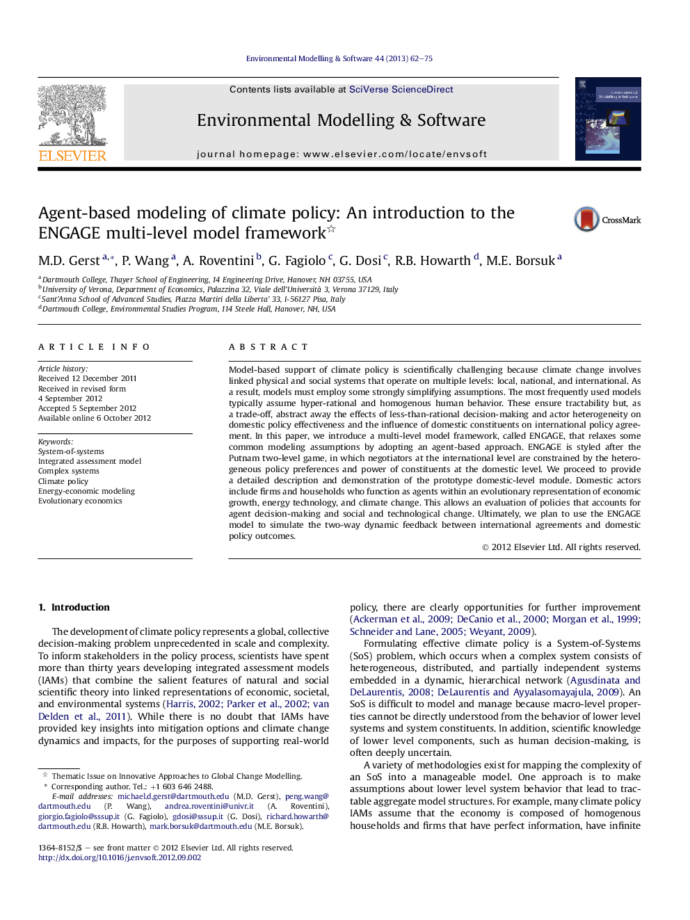 Agent-based modeling of climate policy: An introduction to the ENGAGE multi-level model framework