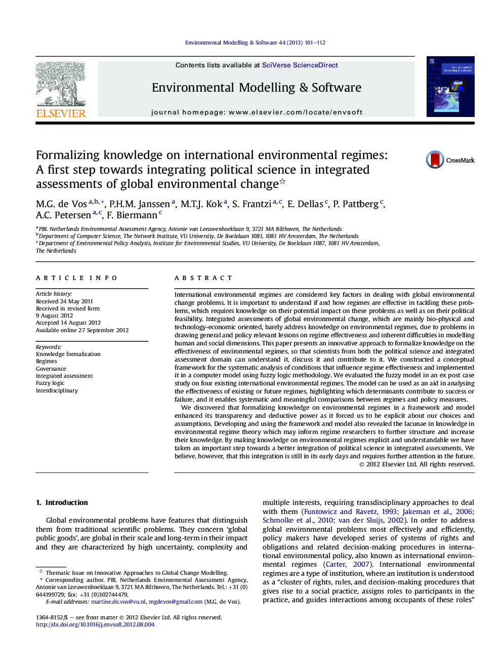 Formalizing knowledge on international environmental regimes: AÂ first step towards integrating political science in integrated assessments of global environmental change