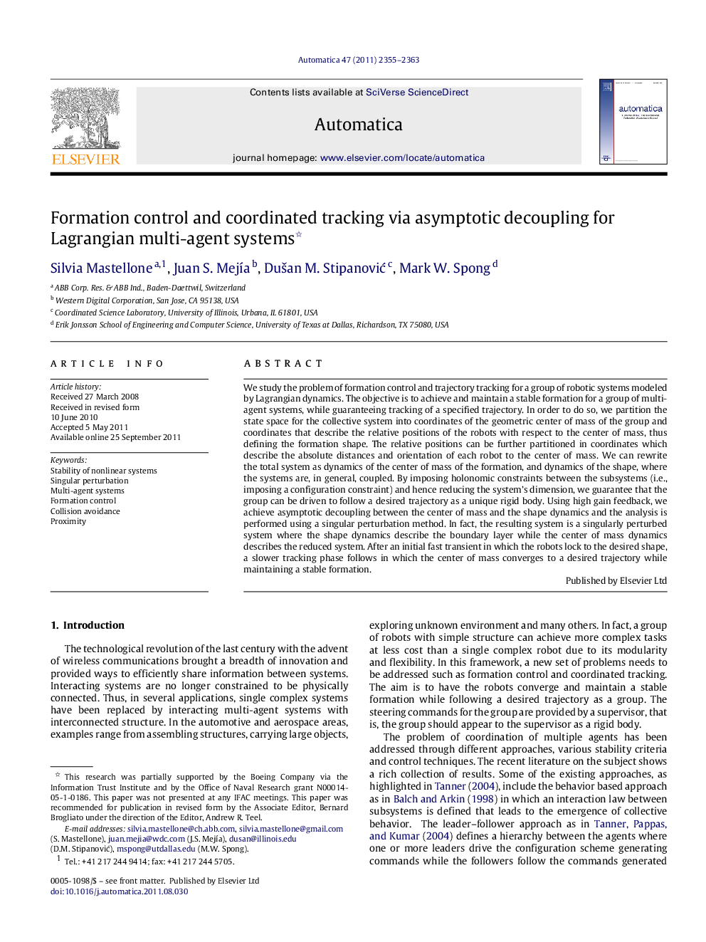 Formation control and coordinated tracking via asymptotic decoupling for Lagrangian multi-agent systems 