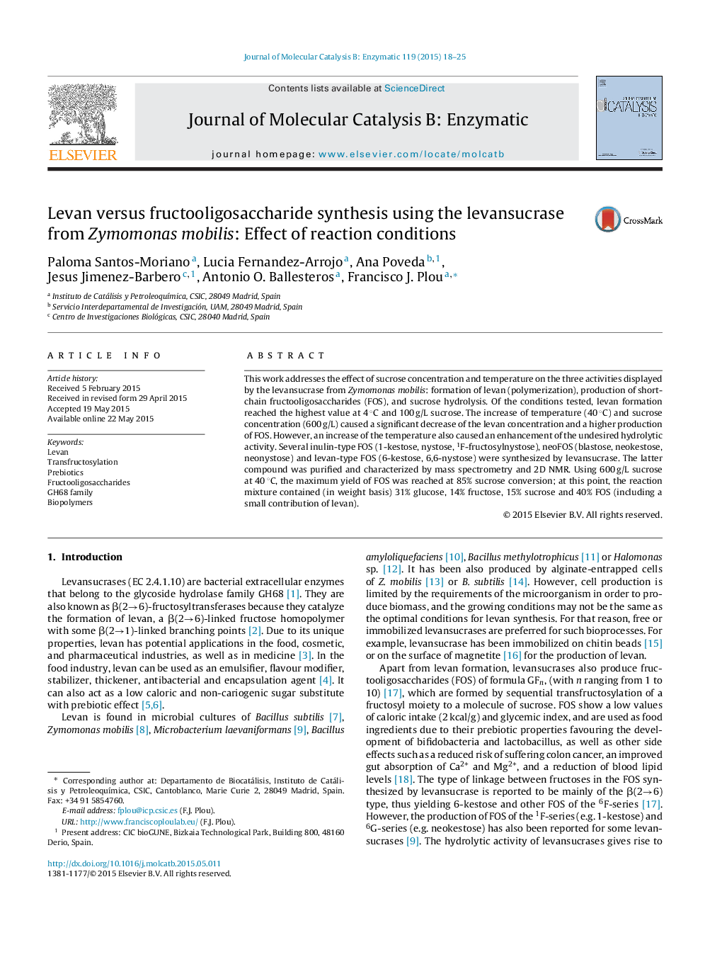 Levan versus fructooligosaccharide synthesis using the levansucrase from Zymomonas mobilis: Effect of reaction conditions