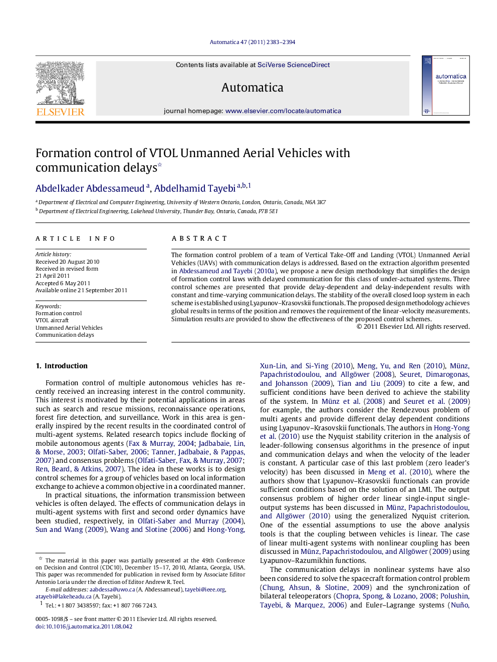 Formation control of VTOL Unmanned Aerial Vehicles with communication delays 