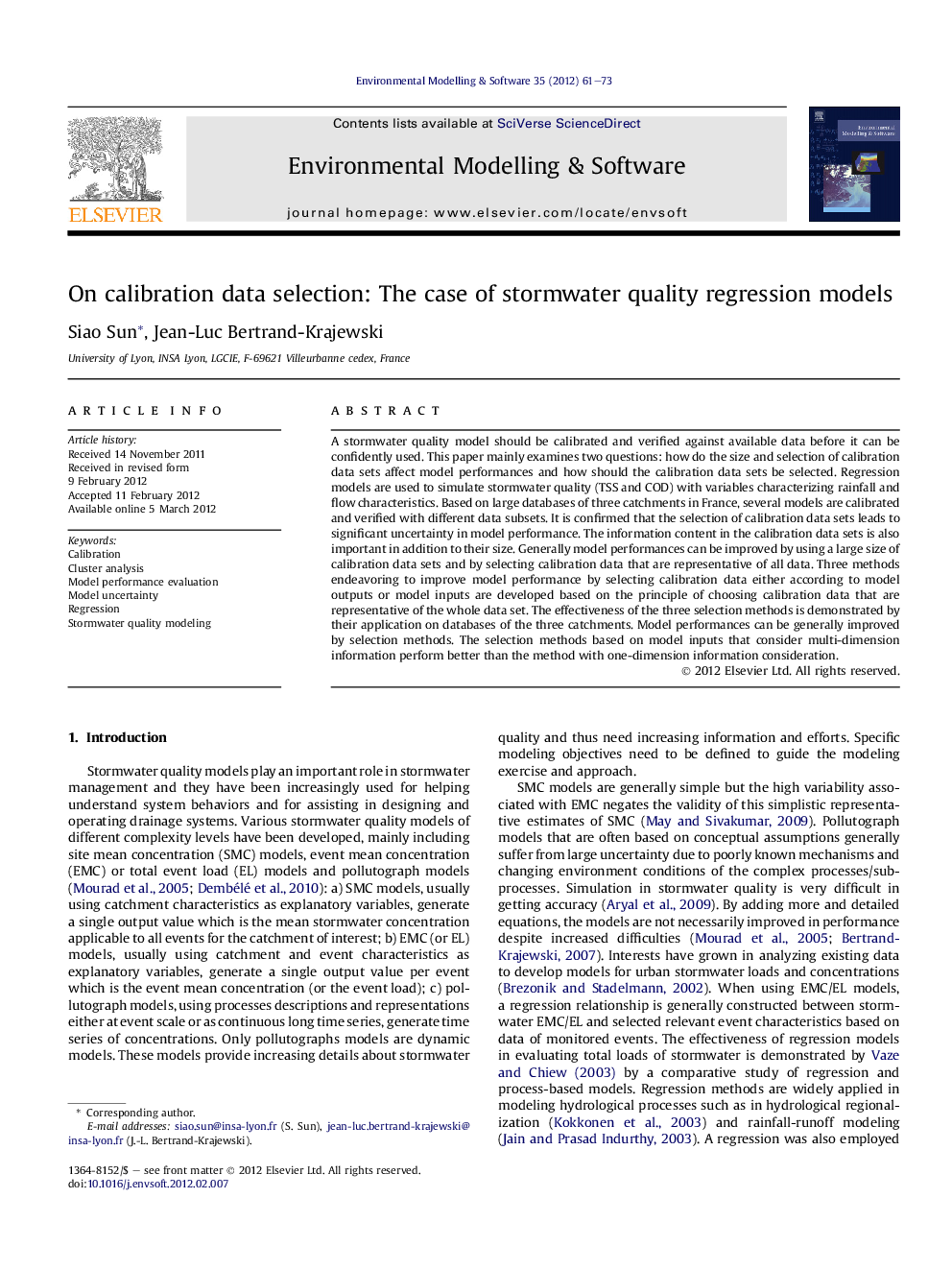 عکس صفحه اول مقاله: On calibration data selection: The case of stormwater quality regression models On calibration data selection: The case of stormwater quality regression models