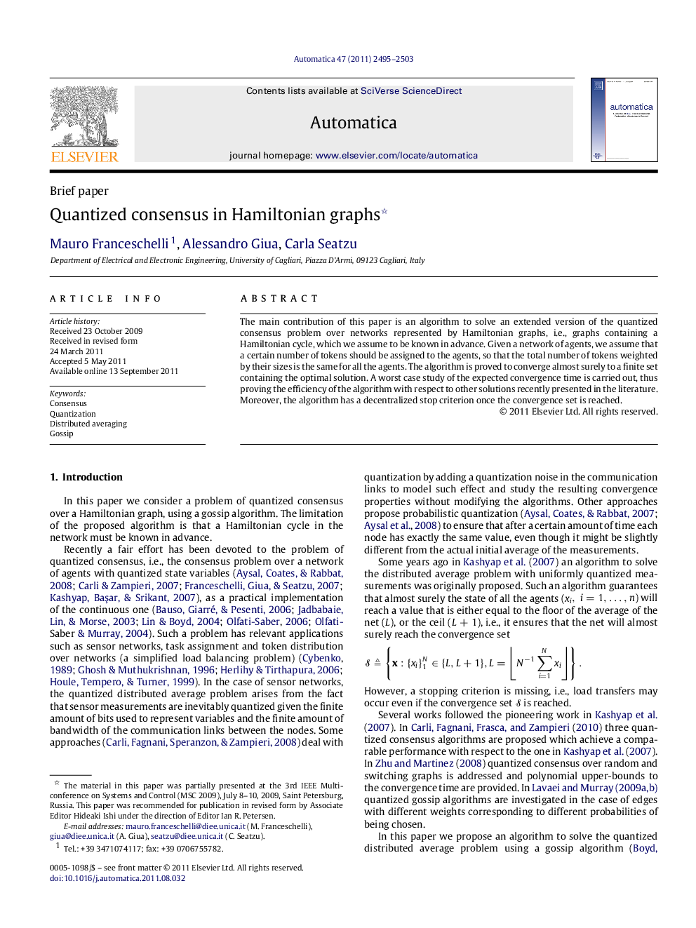 Quantized consensus in Hamiltonian graphs