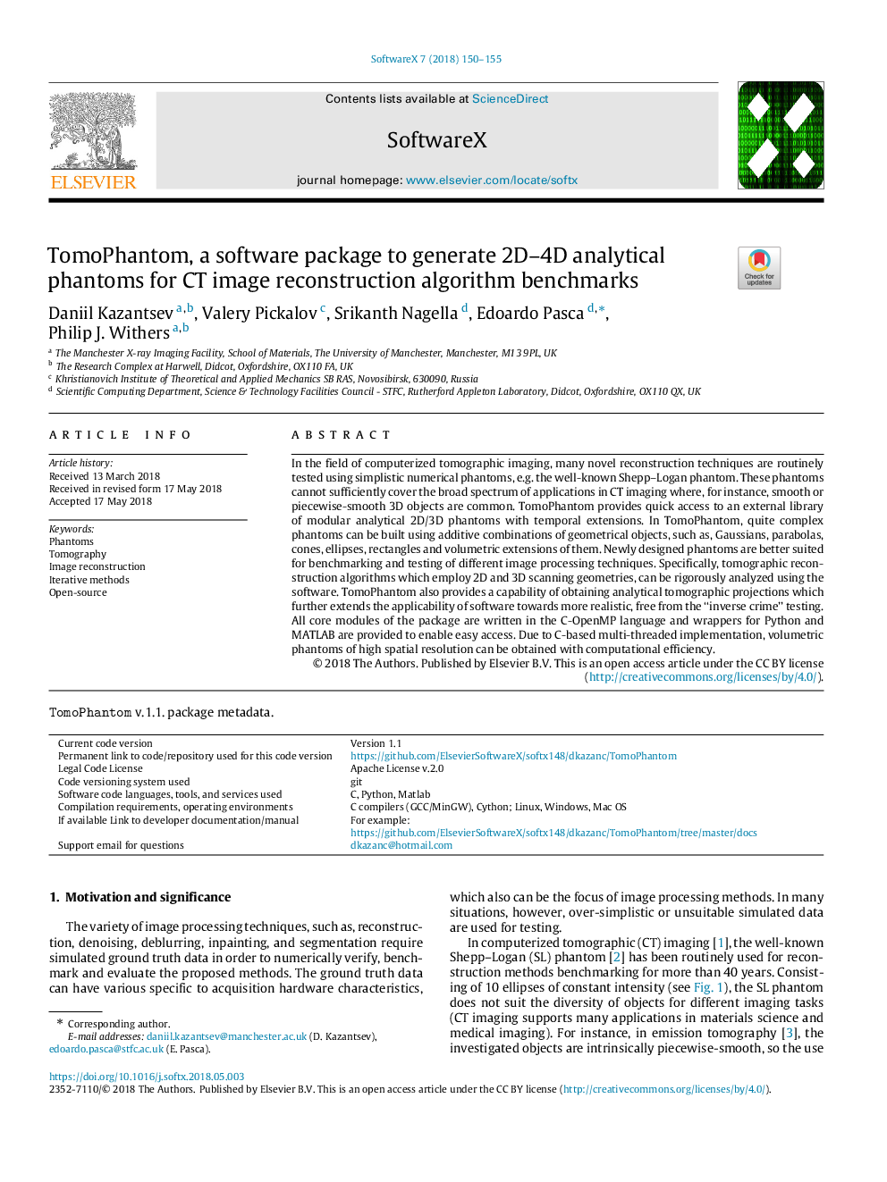 TomoPhantom, a software package to generate 2D-4D analytical phantoms for CT image reconstruction algorithm benchmarks