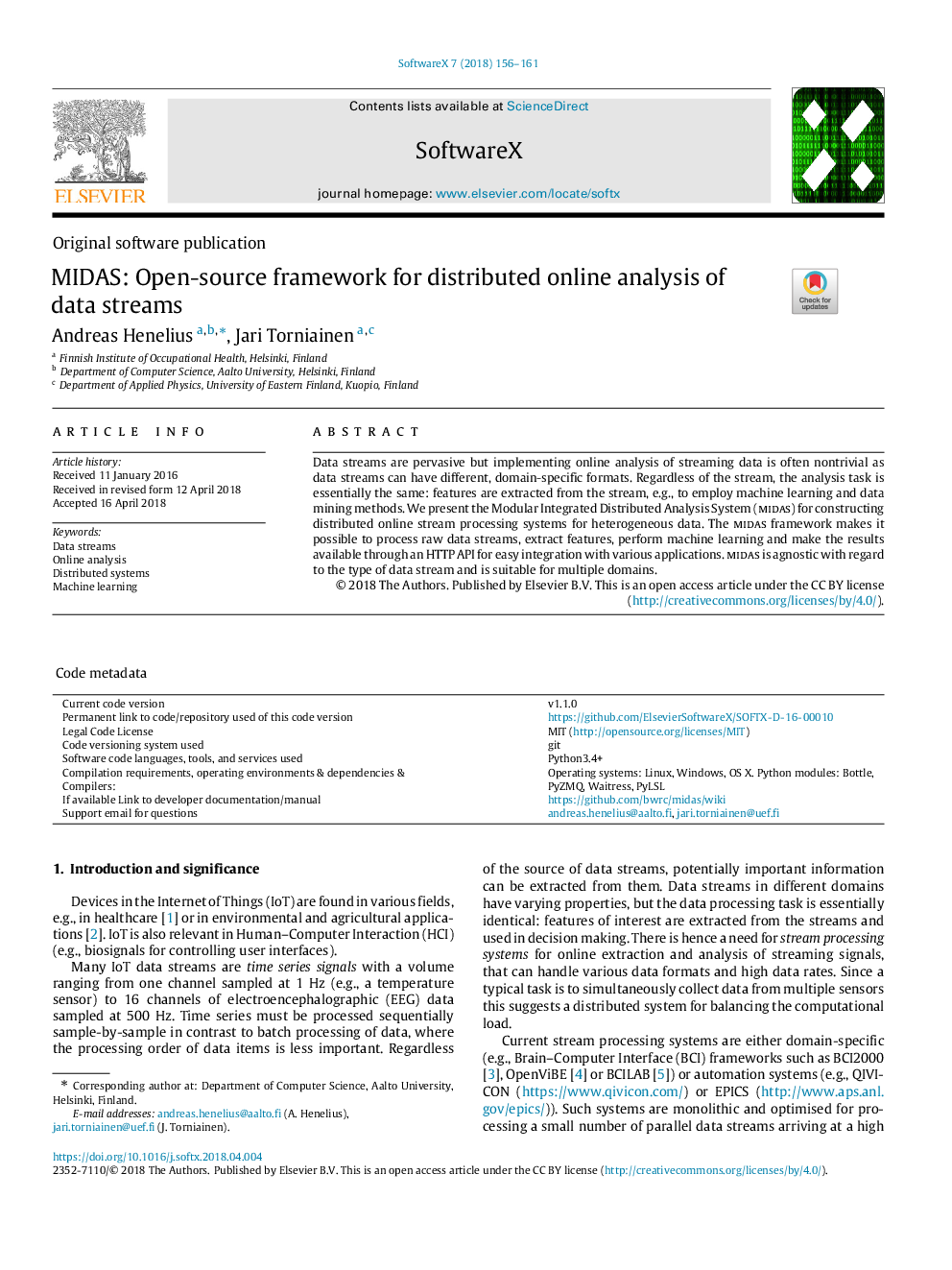 MIDAS: Open-source framework for distributed online analysis of data streams