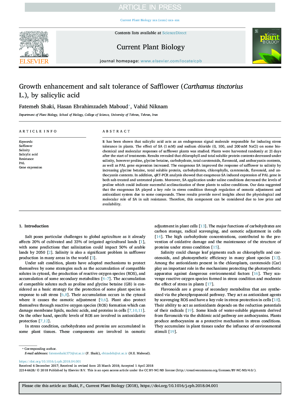 Growth enhancement and salt tolerance of Safflower (Carthamus tinctorius L.), by salicylic acid