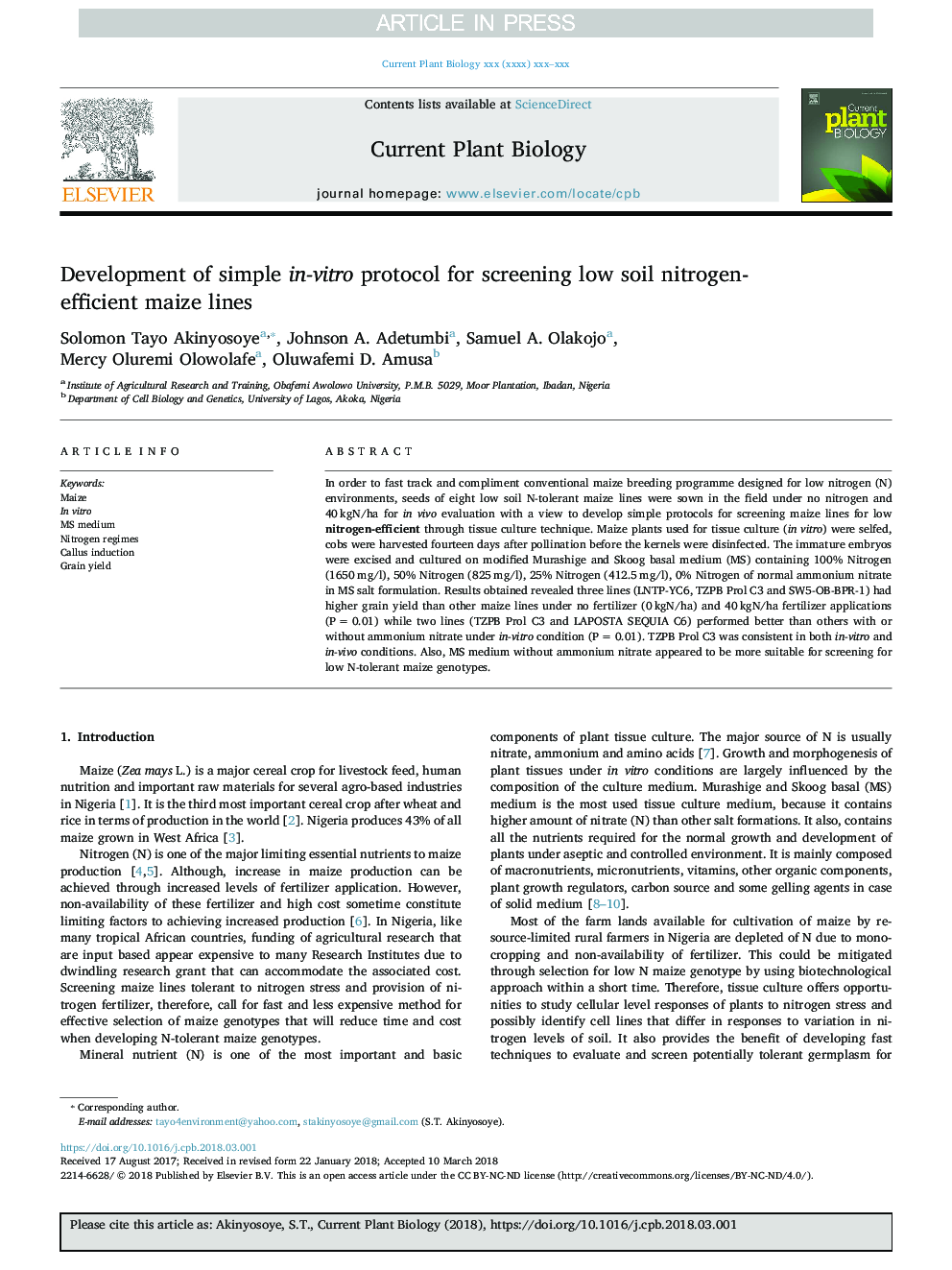 Development of simple in-vitro protocol for screening low soil nitrogen-efficient maize lines