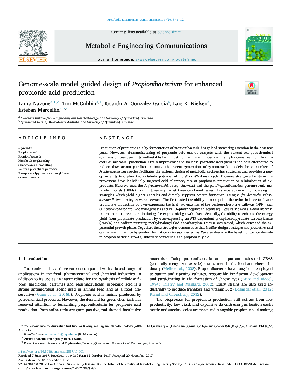 Genome-scale model guided design of Propionibacterium for enhanced propionic acid production