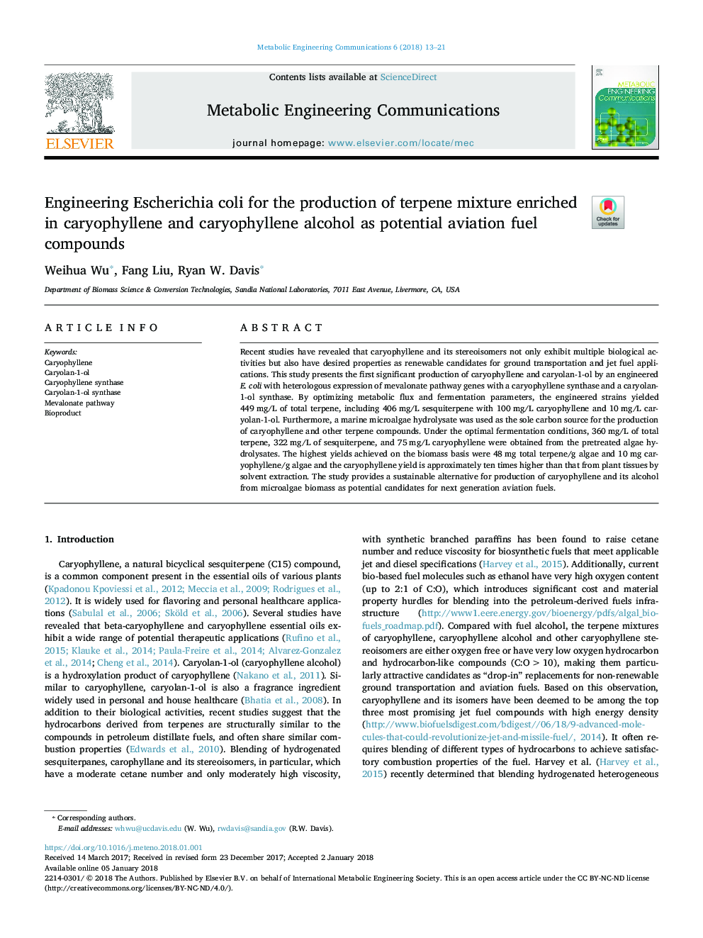 Engineering Escherichia coli for the production of terpene mixture enriched in caryophyllene and caryophyllene alcohol as potential aviation fuel compounds