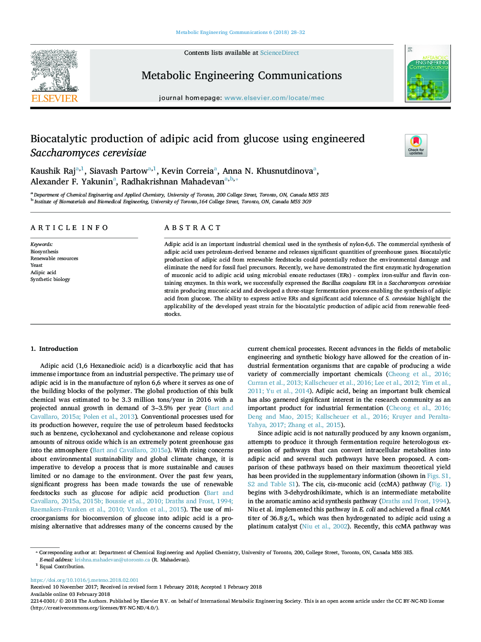 Biocatalytic production of adipic acid from glucose using engineered Saccharomyces cerevisiae