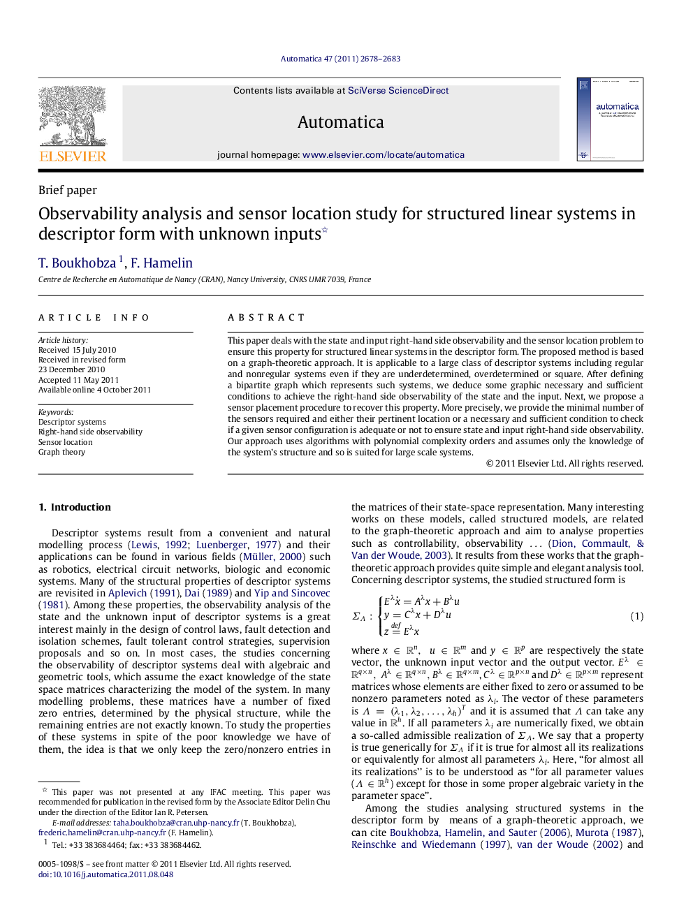 Observability analysis and sensor location study for structured linear systems in descriptor form with unknown inputs 