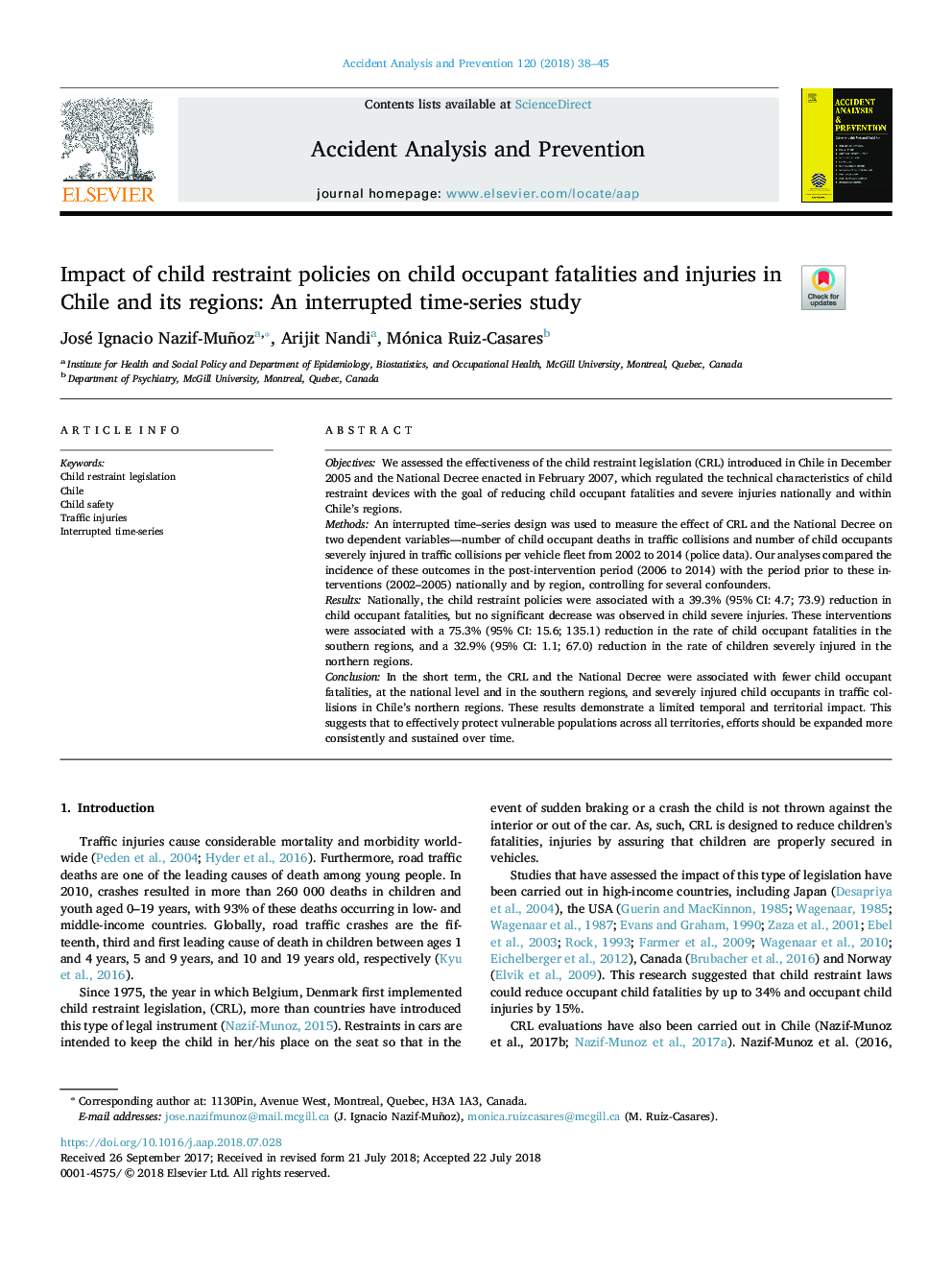 تأثیر سیاست های مهار کودک در مورد تلفات و صدمات جسمی کودکان در شیلی و مناطق آن: مطالعه سری زمانی وقفه ای 