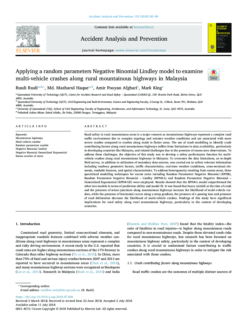 Applying a random parameters Negative Binomial Lindley model to examine multi-vehicle crashes along rural mountainous highways in Malaysia