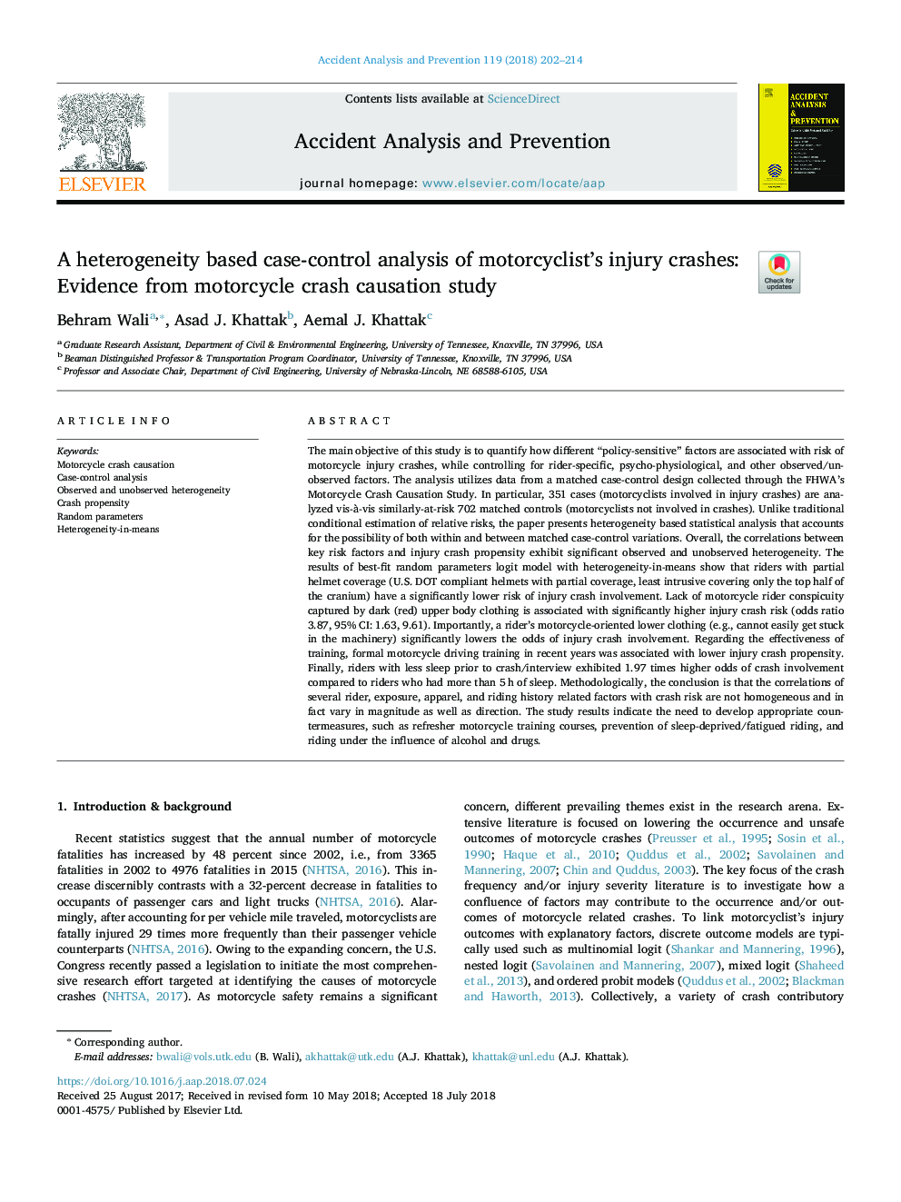 A heterogeneity based case-control analysis of motorcyclist's injury crashes: Evidence from motorcycle crash causation study