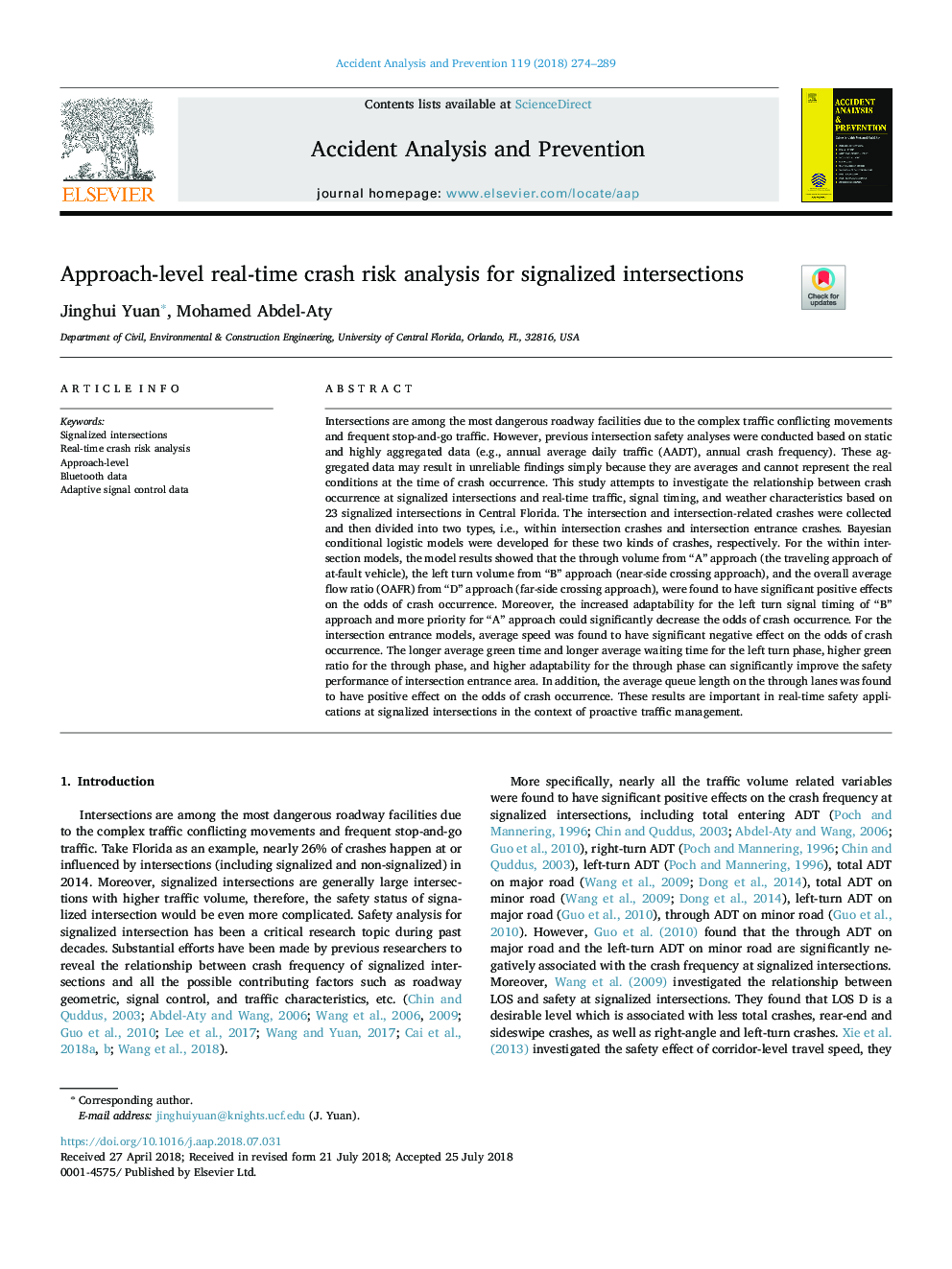 Approach-level real-time crash risk analysis for signalized intersections