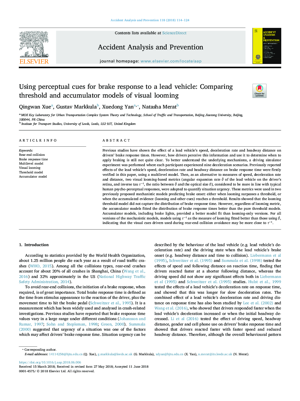 Using perceptual cues for brake response to a lead vehicle: Comparing threshold and accumulator models of visual looming