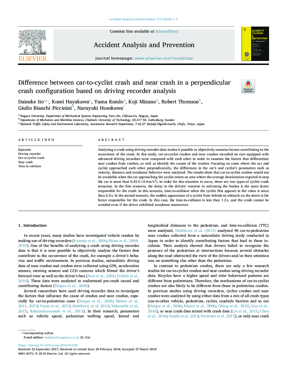 Difference between car-to-cyclist crash and near crash in a perpendicular crash configuration based on driving recorder analysis