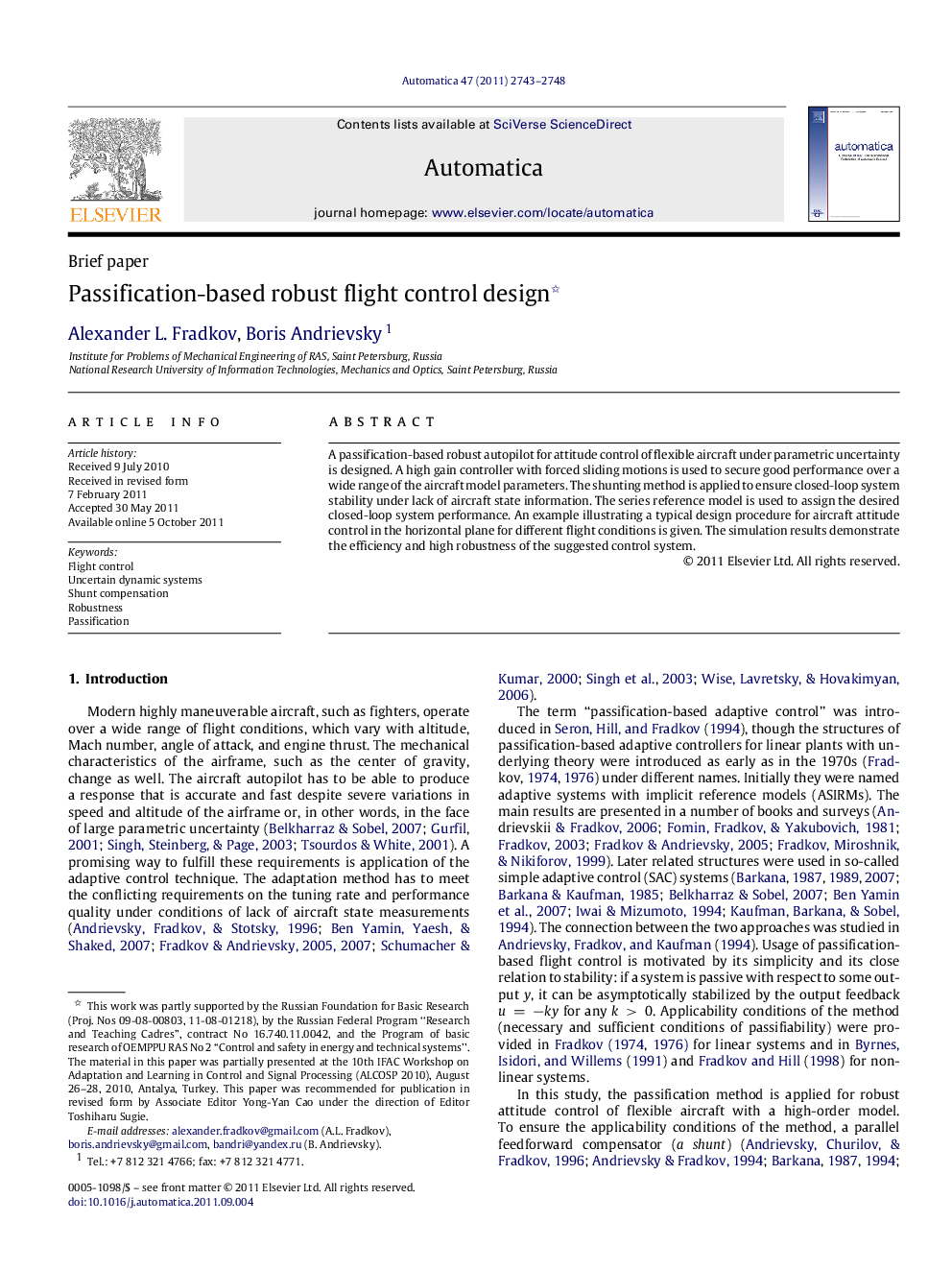 Passification-based robust flight control design 