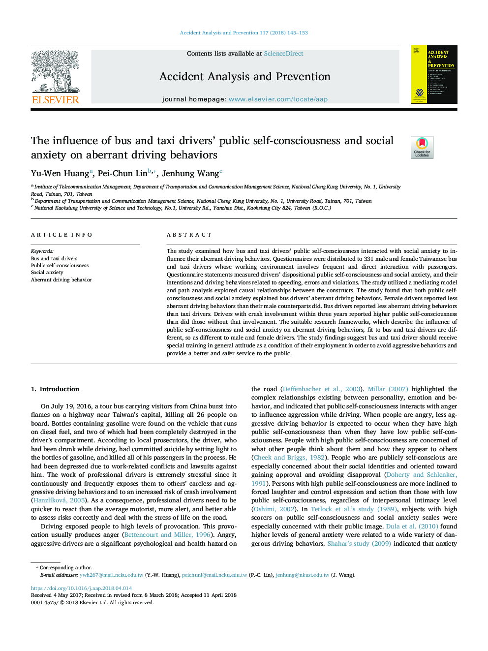 The influence of bus and taxi drivers' public self-consciousness and social anxiety on aberrant driving behaviors